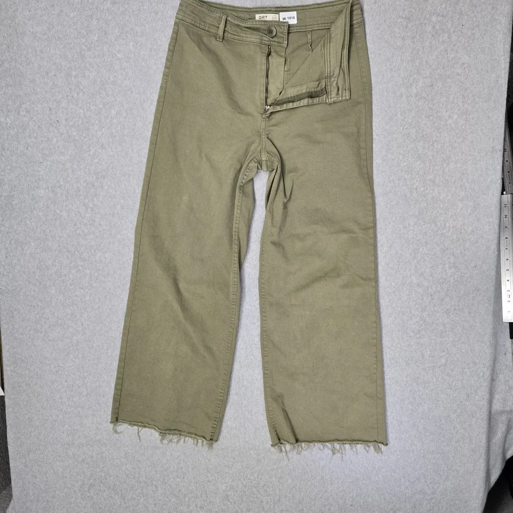 OAT New York Women Pants 12/31 Green Chino Wide Leg Raw Hem‎ 28